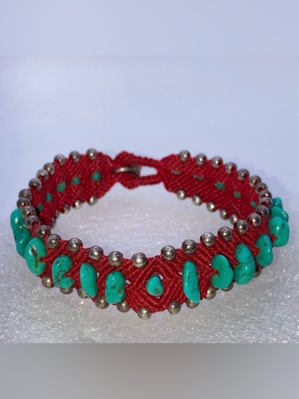 Vtg Navajo Turquoise Sterling Beads & Clasp Braided Woven Cord Bracelet 7” x .6”